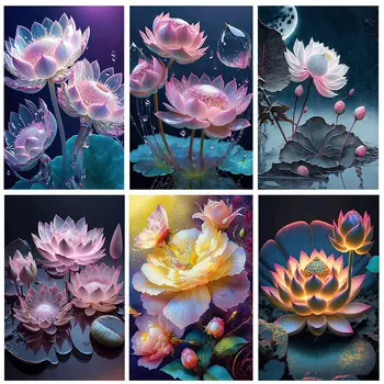 5D DIY Lótusz Virág, Napraforgó Gyémánt Festmény Mozaik Hímzés Készlet Kerek Strasszos Haza Kép Dekoráció