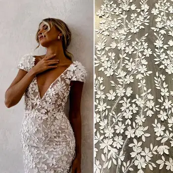 divat lézerrel vágott 3D csipke anyagból ivory menyasszonyi csipke anyagból eladni udvaron, 130cm széles csipke ruha