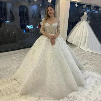 Arab Dubai Hosszú Ujjú Esküvői Ruhák A Nők V-Nyak Luxus Flitterekkel Rátétes Esküvői Ruha Söprés Vonat Vestido De Novia 2024