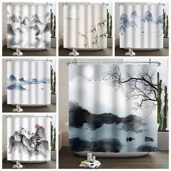 3D Festék Táj zuhanyfüggöny Bambusz Naplemente Vízálló zuhanyfüggöny Haza Fürdőszoba Decor kampós