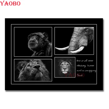 5D Diy Gyémánt Festmény, Oroszlán, elefánt, majom keresztszemes Készlet Teljes Hímzés Mozaik Kép Strassz Fekete-fehér állat