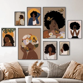 Vászon Festmény, Absztrakt Fekete Lány Afro Illusztráció Északi Poszterek, Nyomatok Afrikai Wall Art Képek Nappali Lakberendezés