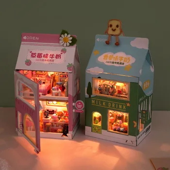 Diy Fa Mini Torta, Epres Tejet Casa Baba Házak Miniatűr Épület Kit Bútorokkal Fény Babaház Játékok Felnőtteknek Ajándék