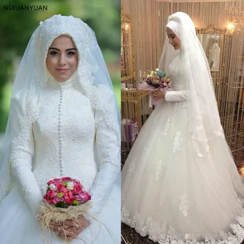 Arab Menyasszonyi Ruha Iszlám Hosszú Ujjú Muszlim Esküvői Ruha Arab Ball Ruha Csipke Fátyol, Esküvői Ruha 2023