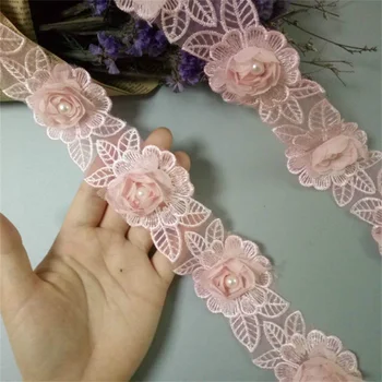 10 X Rózsaszín Gyöngy, Szatén Virág Hímzett Csipke Szegéllyel Szalag Virágos Applied Anyagból, Kézzel Készített Esküvői Ruha Varrás Kézműves