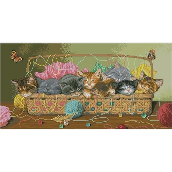 Amishop Magas Minőségű Aranyos Jelezni Keresztszemes Készlet Készlet Macskák, Cicák Kosár Macska Almot Dim 35184