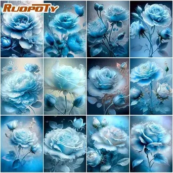 RUOPOTY Olaj Festmény Szám Kék Rózsa Rajz, Vászon Dekoratív Festmények Virág Kézműves Munkája Művészet