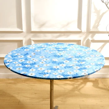122cm Vízálló Olaj-bizonyítja Rugalmas Szélű Kék Virág kerekasztal-Fedezze PVC Asztal Protector Bár Esküvői Bankett Parti Dekoráció